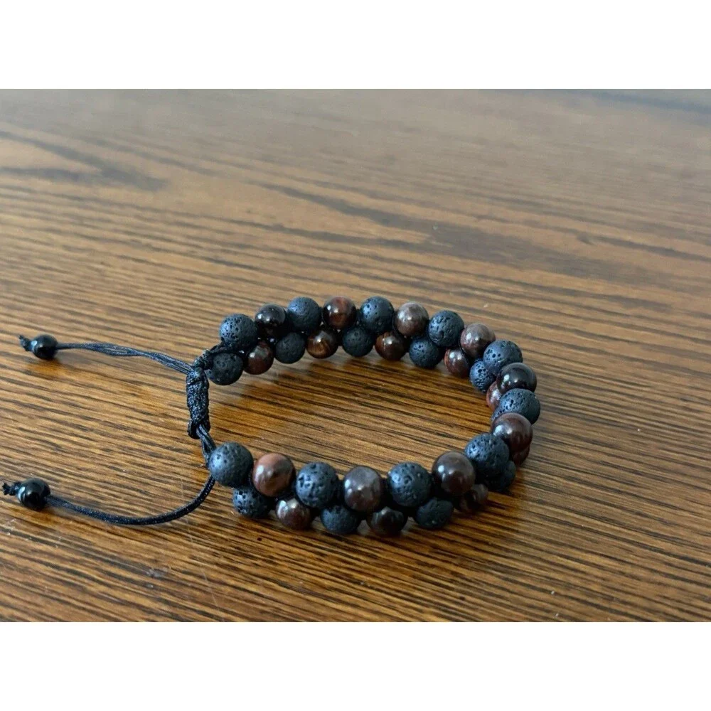 Natural Red Tiger Eye Lava Rock Double Row Braided Bracelet for Men Women